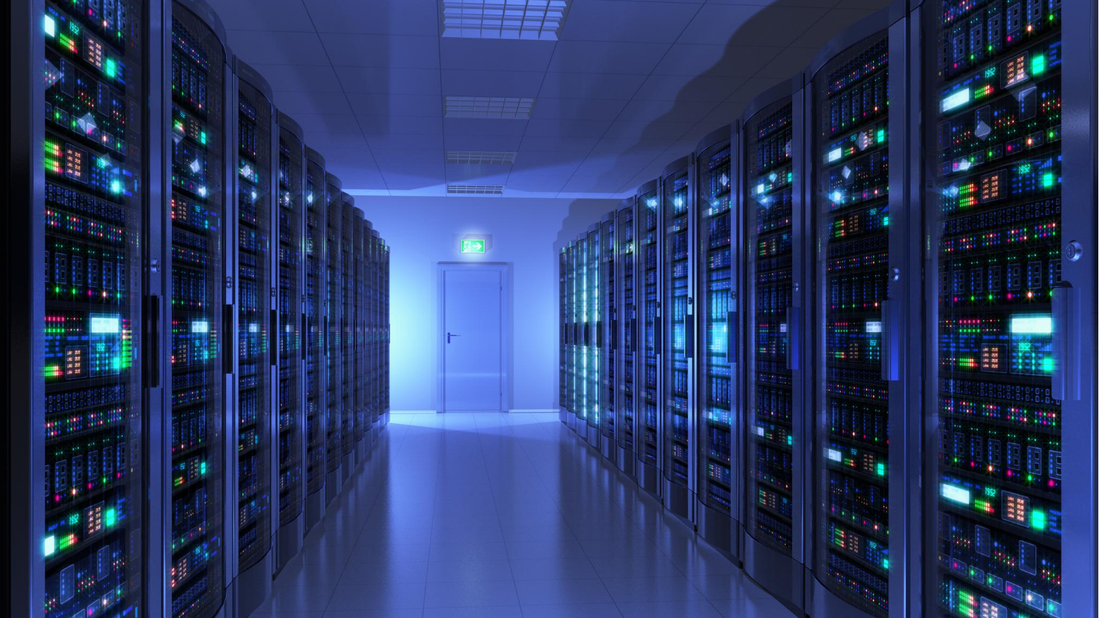 room filled with rows of web hosting servers, each with cables connected and air conditioning unit can be seen in the ceiling