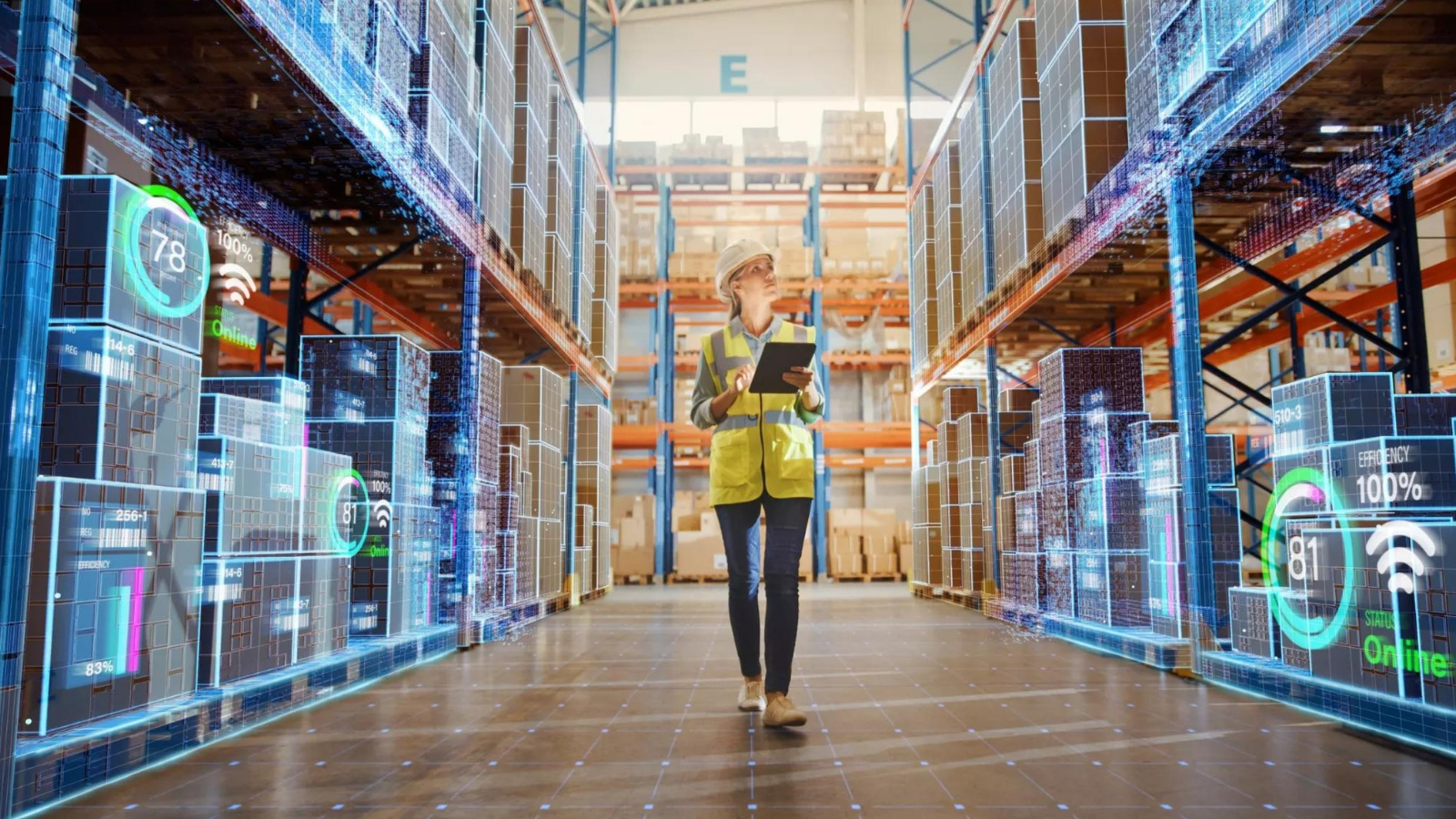 women walking through a digital store, surrounded by endless rows of products on all sides